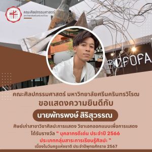 ขอแสดงความยินดี กับ นายพัทรพงษ์ สิริสุวรรณ ศิษย์เก่าคณะศิลปกรรมศาสตร์ มศว ที่ได้รับรางวัลบุคลากรดีเด่น ประจำปี 2566 ประเภทกลุ่มสาระการเรียนรู้ศิลปะ เนื่องในวันครูแห่งชาติ พุทธศักราช 2567