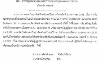 ประกาศ รายชื่อผู้มีสิทธิ์เข้ารับการสรรหาเพื่อบรรจุพนักงานมหาวิทยาลัย ตำแหน่งอาจารย์ สังกัดสาขาวิขาการออกแบบทัศนศิลป์ คณะศิลปกรรมศาสตร์ มศว