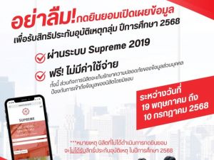 ขอให้นิสิตเข้าระบบ Supreme เพื่อกดรับสิทธิประกันอุบัติกลุ่ม ปีการศึกษา 2568 ฟรี ไม่มีค่าใช้จ่าย ตั้งแต่วันนี้ถึง 10 กรกฎาคม 2568