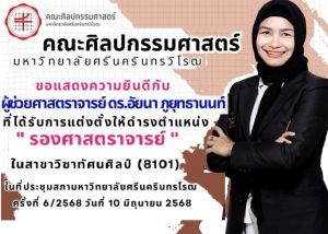 ขอแสดงความยินดีกับ ผู้ช่วยศาสตราจารย์ ดร.อัยนา ภูยุทธานนท์ ในโอกาสได้รับการแต่งตั้งให้ดำรงตำแหน่ง รองศาสตราจารย์ ในสาขาวิชาทัศนศิลป์