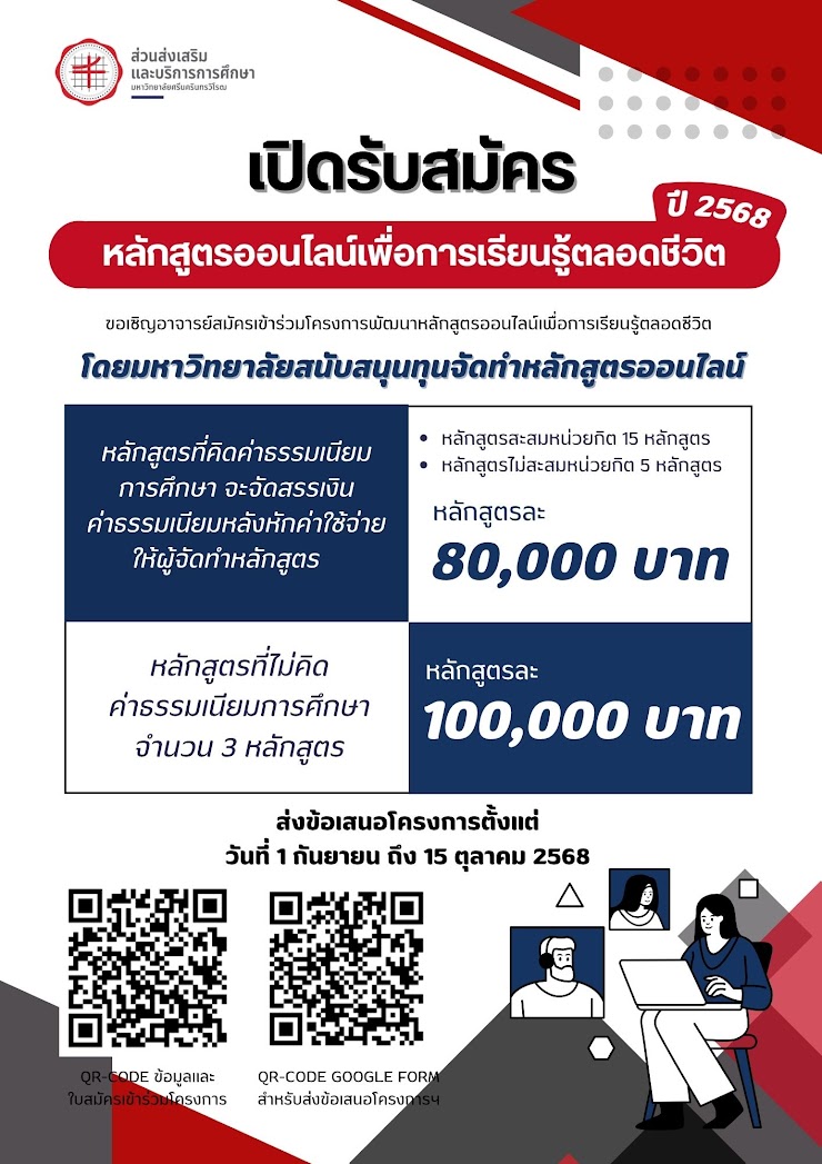ขอเชิญชวนอาจารย์สมัครเข้าร่วมโครงการพัฒนาหลักสูตรออนไลน์เพื่อการเรียนรู้ตลอดชีวิต ปี 2568 (Self-paced Learning) ผ่าน Online Learning สมัครได้ตั้งแต่ 1 ก.ย. - 15 ต.ค. 2568